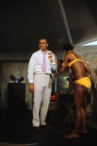 Actress Trina Parks as Thumper and Scottish actor Sean Connery on the set of the James Bond film 'Diamonds Are Forever'.