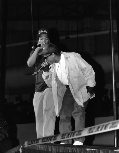 Rappers Ice Cube and Eazy-E. from N.W.A. perform during the 'Straight Outta Compton' tour at Kemper Arena in Kansas City
