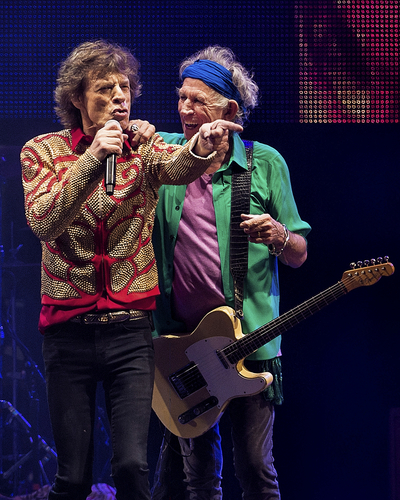 Mick Jagger and Keith Richards of the Rolling Stones headline the Pyramid Stage at the Glastonbury Festival of Contemporary Performing Arts at Worthy Farm