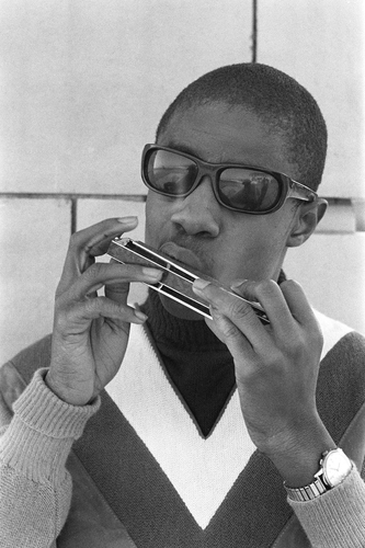 Stevie Wonder playing the harmonica