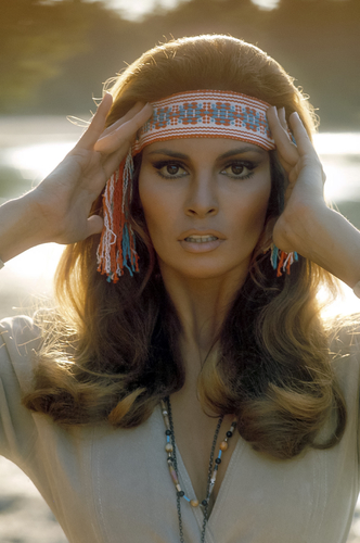 Raquel Welch poses on the film set of '100 Rifles'.